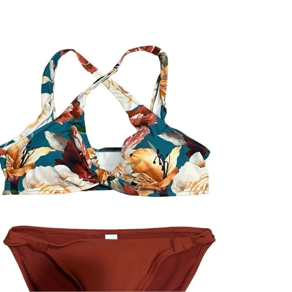 Rust Color & Floral Longline Bikini Size Medium - Picture 2 of 7